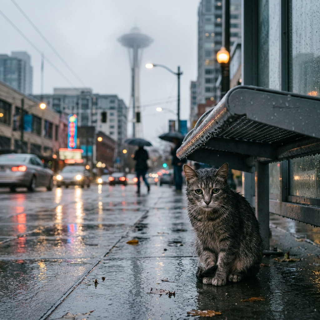 Wet gray cat sitting beneath a sidewalk awning on a rainy city street